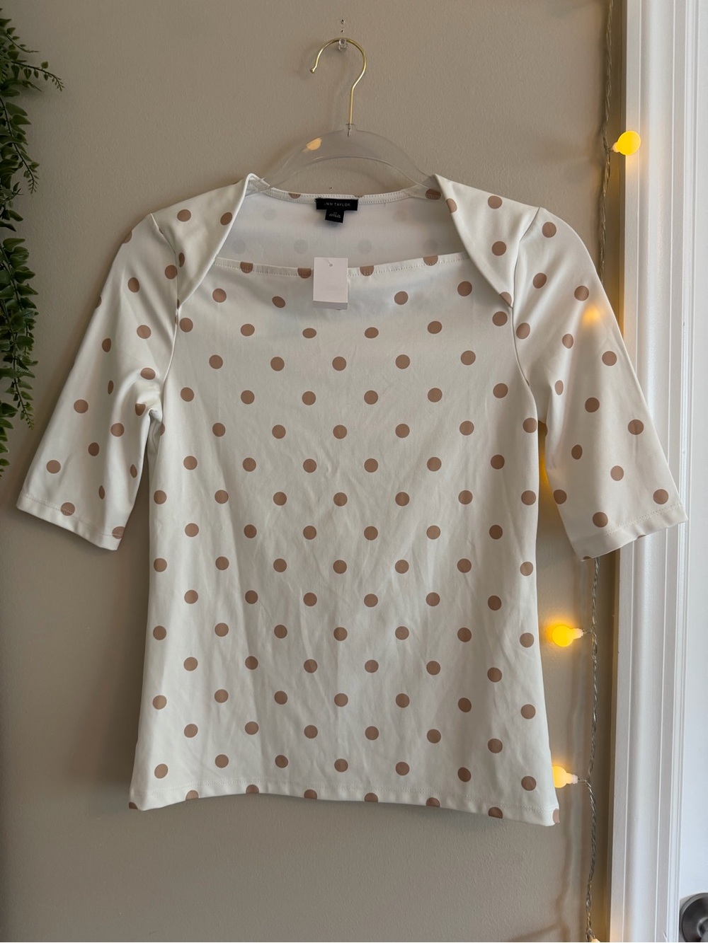 Polka Dot Scoop Neck Top - White with Tan Dots NWT